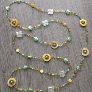 Yellow and Green Glass Beaded Necklace Pearlescent Shell Long